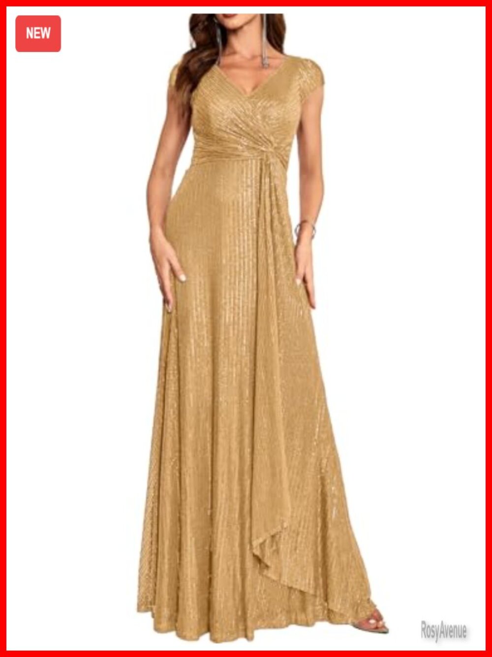 Sequin Maxi Formal Evening Gown Cap Sleeve V Neck Prom Dress